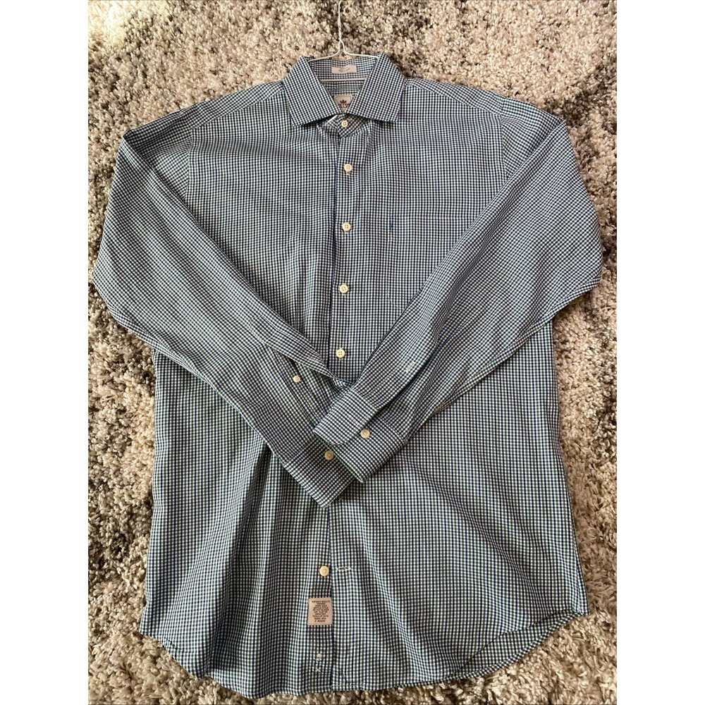 Peter Millar Mens Medium Blue Green Gingham Check Cotton Button Down Shirt